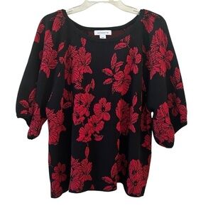 Liz Claiborne Women's Red Black Floral Holiday Winter Fall Sweater Blouse 2XL